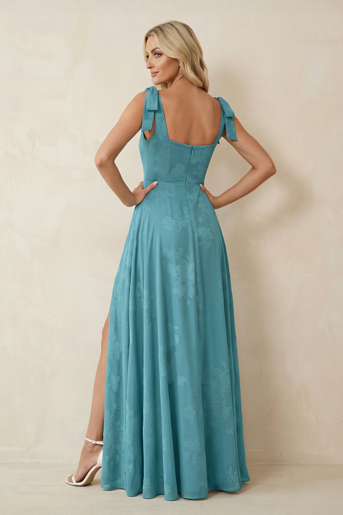 Square Neck A-Line Floral Printed Chiffon Mother of the Bride Dress in Adriatic Blue - Curvevia