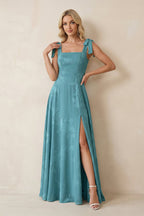 Square Neck A-Line Floral Printed Chiffon Mother of the Bride Dress in Adriatic Blue - Curvevia
