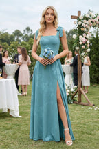 Square Neck A-Line Floral Printed Chiffon Mother of the Bride Dress in Adriatic Blue - Curvevia