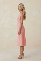 Square Neck A-Line Satin Midi Mother of the Bride Dress With Bow in Rose Petal - Curvevia