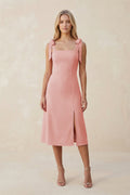 Square Neck A-Line Satin Midi Mother of the Bride Dress With Bow in Rose Petal - Curvevia