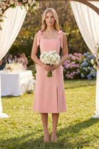 Square Neck A-Line Satin Midi Mother of the Bride Dress With Bow in Rose Petal - Curvevia