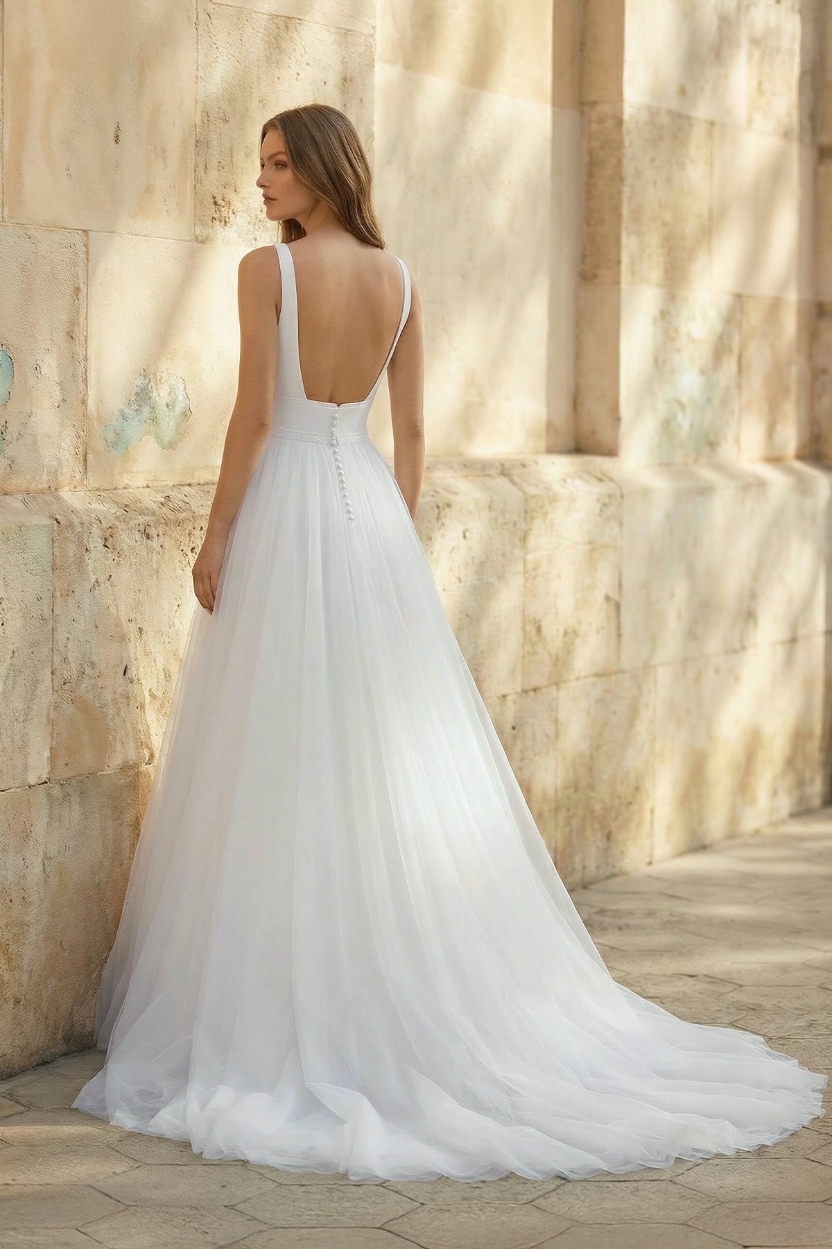 Simple A-Line Minimalist Casual Square Tulle Wedding Dress with Sweep Train - Curvevia