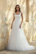 Simple A-Line Minimalist Casual Square Tulle Wedding Dress with Sweep Train - Curvevia