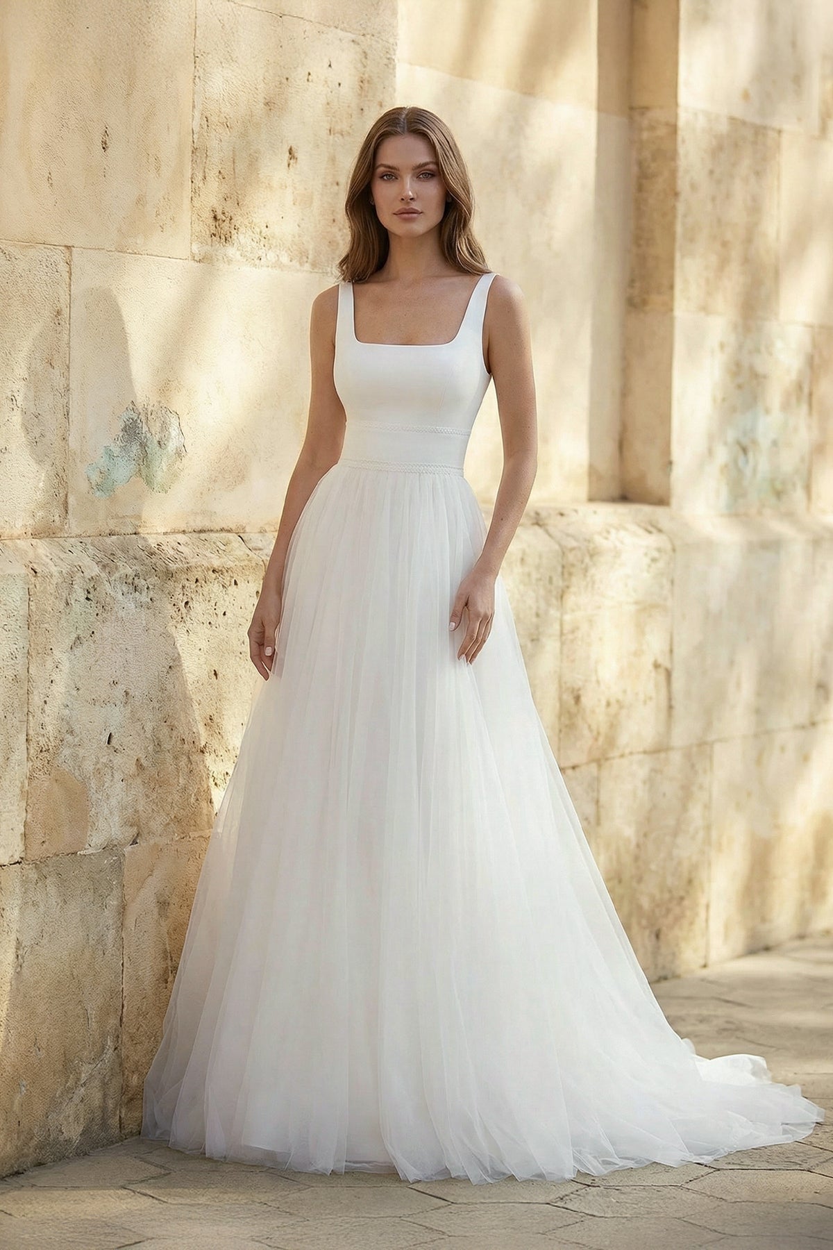 Simple A-Line Minimalist Casual Square Tulle Wedding Dress with Sweep Train - Curvevia