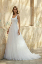 Simple A-Line Minimalist Casual Square Tulle Wedding Dress with Sweep Train - Curvevia