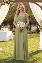 Square Neck Chiffon A-Line Bridesmaid Dress With Bow in Moss Green - Curvevia