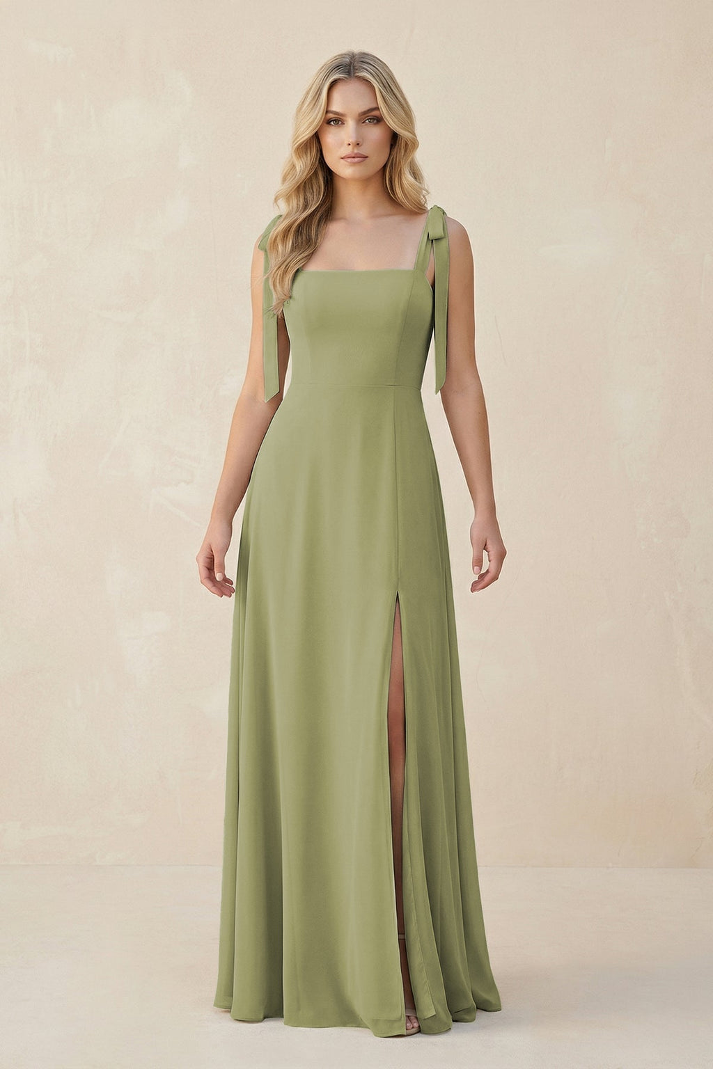 Square Neck Chiffon A-Line Bridesmaid Dress With Bow in Moss Green - Curvevia