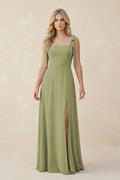 Square Neck Chiffon A-Line Bridesmaid Dress With Bow in Moss Green - Curvevia