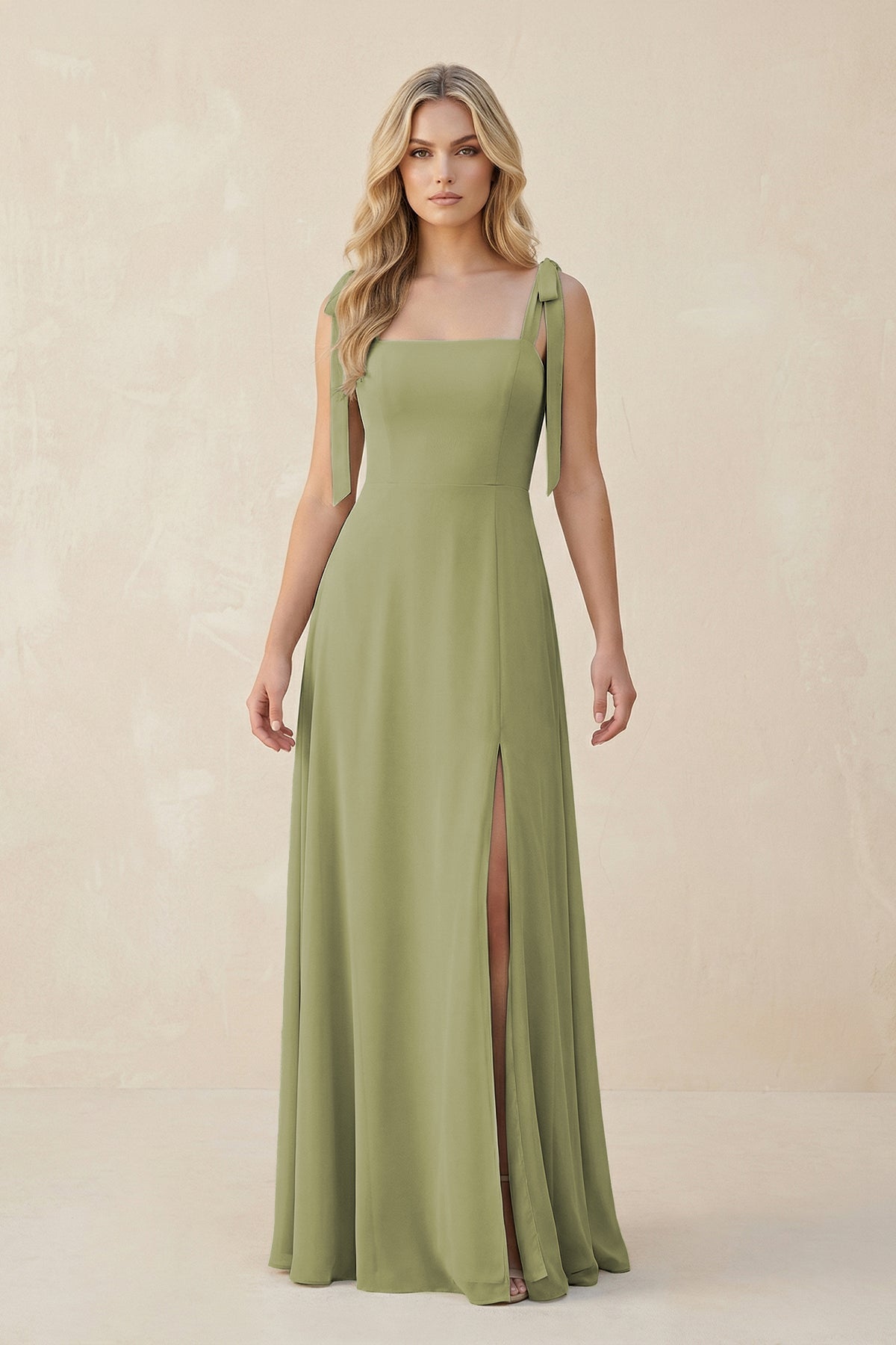 Square Neck Chiffon A-Line Bridesmaid Dress With Bow in Moss Green - Curvevia