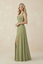 Square Neck Chiffon A-Line Bridesmaid Dress With Bow in Moss Green - Curvevia