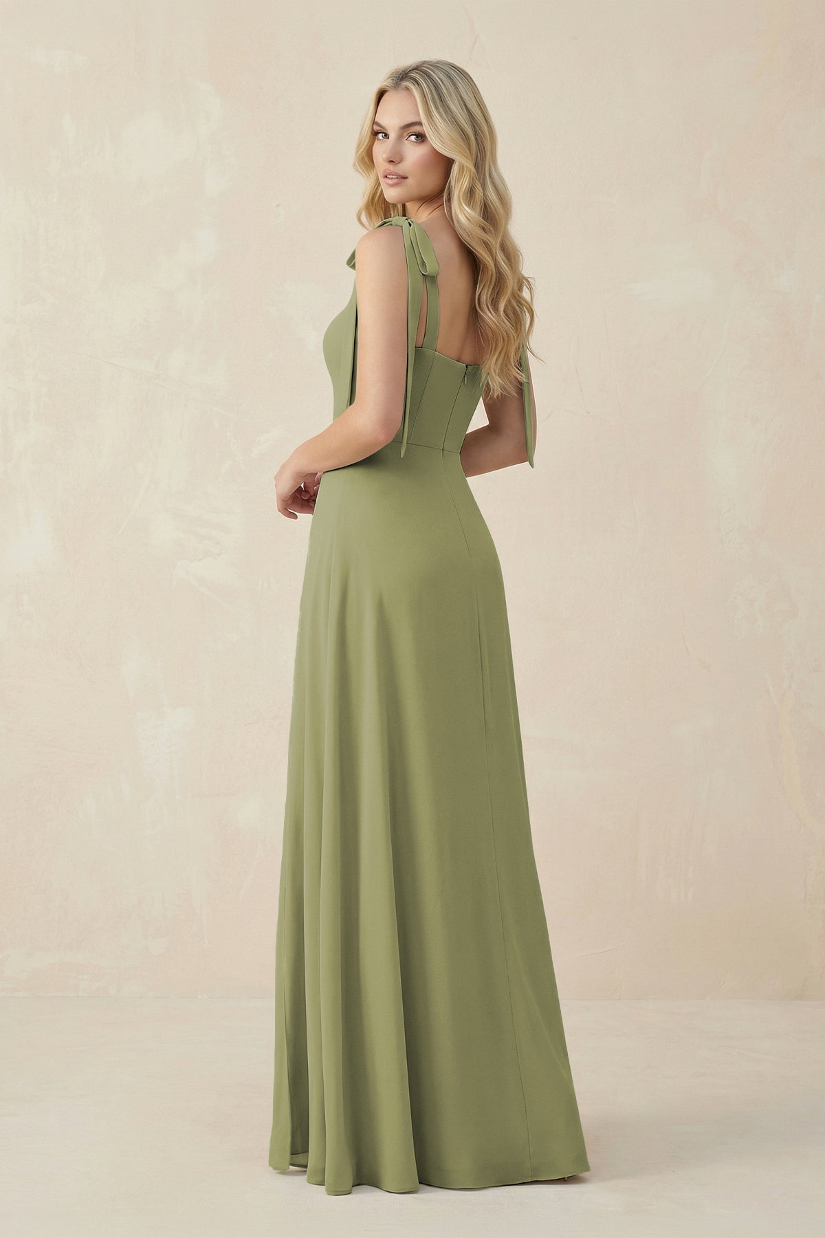 Square Neck Chiffon A-Line Bridesmaid Dress With Bow in Moss Green - Curvevia