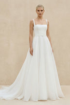 Chaming A-Line Square Neck White Wedding Dresses - Curvevia