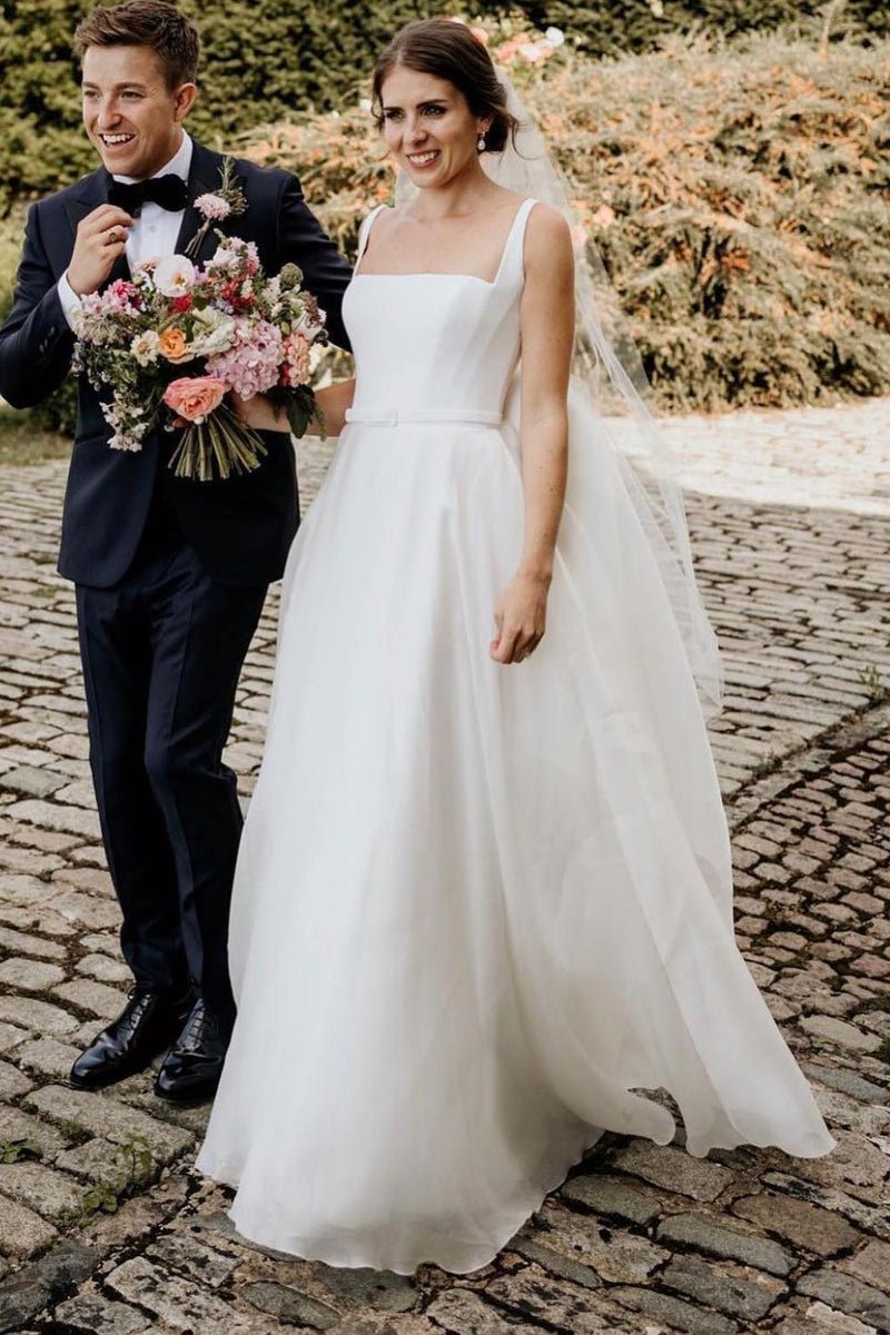 Chaming A-Line Square Neck White Wedding Dresses - Curvevia
