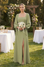Square Neck Long Sleeve A-Line Chiffon Mother of the Bride Dress in Moss Green - Curvevia