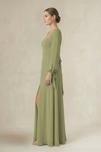 Square Neck Long Sleeve A-Line Chiffon Mother of the Bride Dress in Moss Green - Curvevia