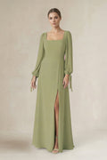 Square Neck Long Sleeve A-Line Chiffon Mother of the Bride Dress in Moss Green - Curvevia