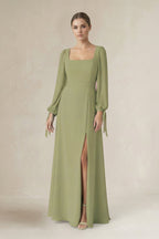 Square Neck Long Sleeve A-Line Chiffon Mother of the Bride Dress in Moss Green - Curvevia