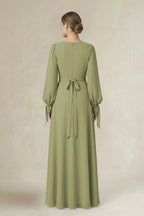 Square Neck Long Sleeve A-Line Chiffon Mother of the Bride Dress in Moss Green - Curvevia