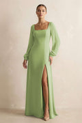 Square Neck Long Sleeves Chiffon Sheath Mother of the Bride Dress in Matcha - Curvevia