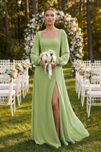 Square Neck Long Sleeves Chiffon Sheath Mother of the Bride Dress in Matcha - Curvevia