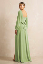 Square Neck Long Sleeves Chiffon Sheath Mother of the Bride Dress in Matcha - Curvevia