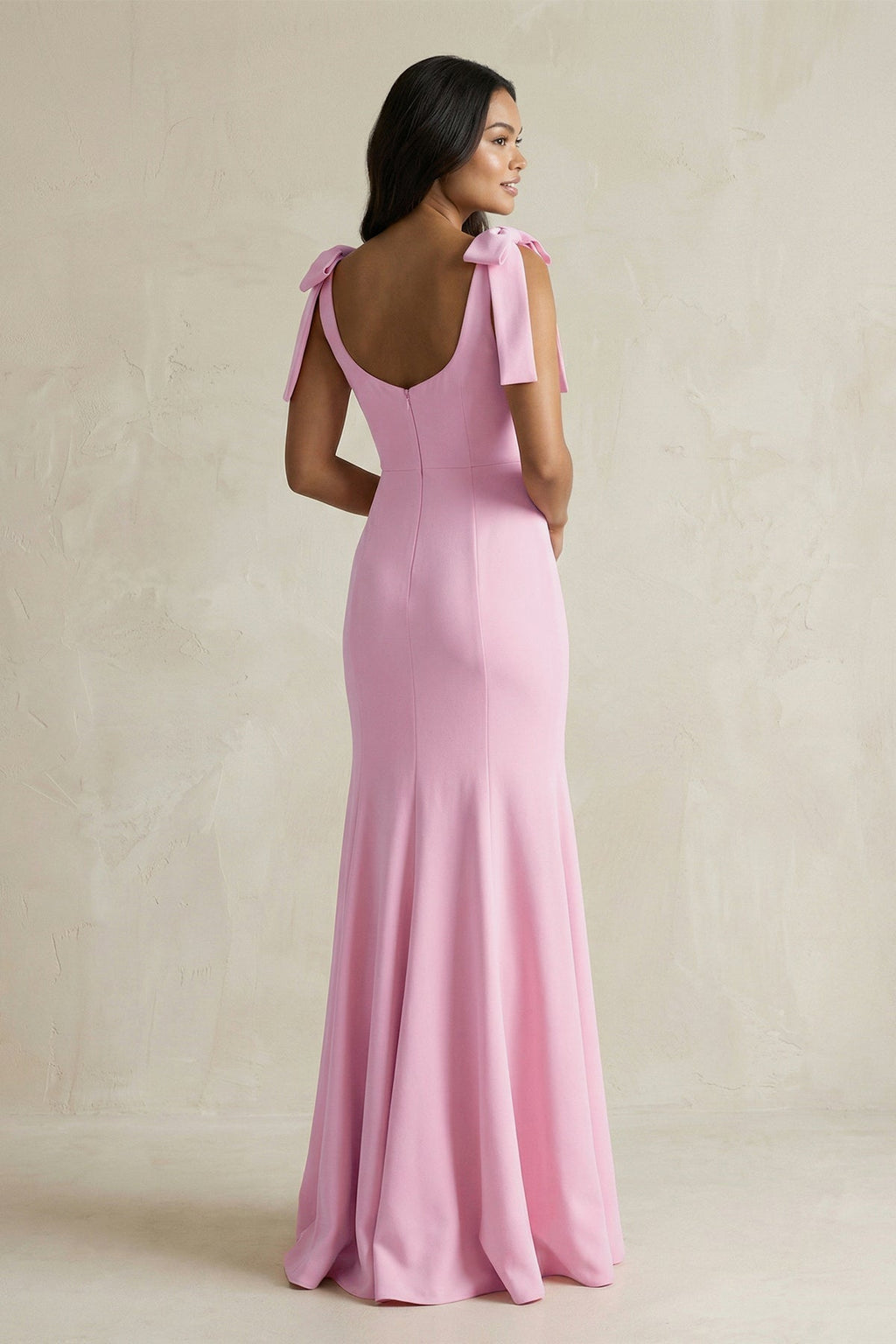 Square Neck Mermaid Bridesmaid Dress With Bow in Pink - Curvevia