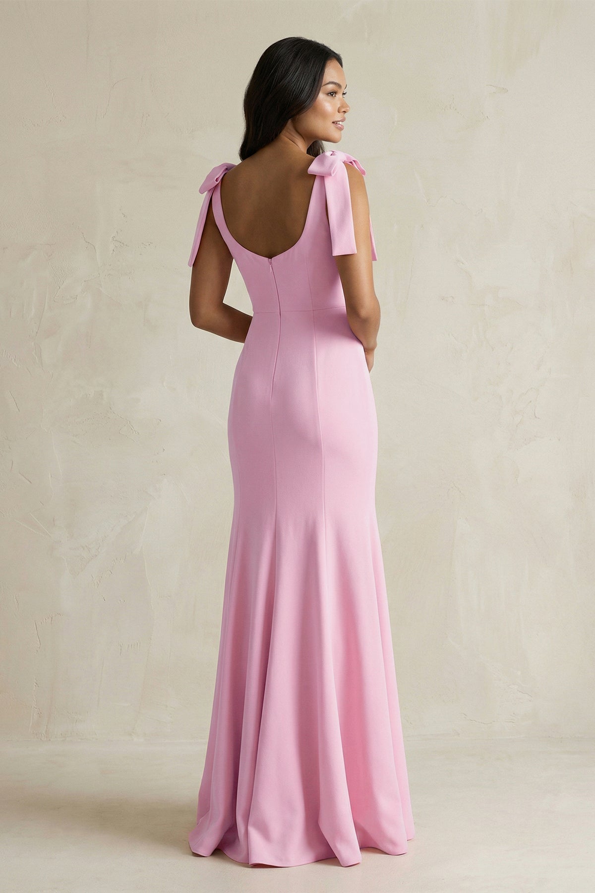 Square Neck Mermaid Bridesmaid Dress With Bow in Pink - Curvevia