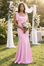 Square Neck Mermaid Bridesmaid Dress With Bow in Pink - Curvevia