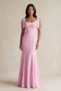 Square Neck Mermaid Bridesmaid Dress With Bow in Pink - Curvevia
