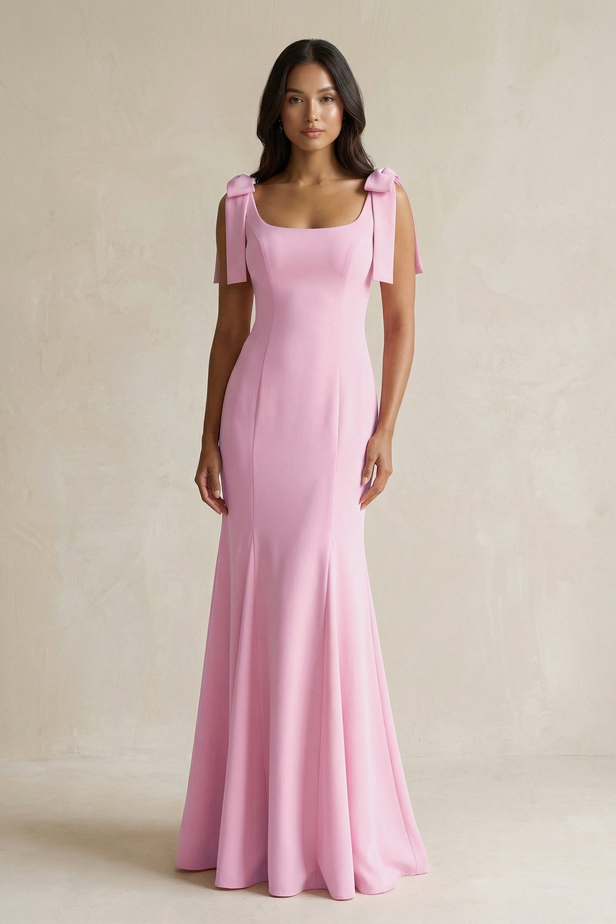 Square Neck Mermaid Bridesmaid Dress With Bow in Pink - Curvevia