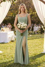 Square Neck Ruched Sheath Satin Bridesmaid Dress in Dove Gray - Curvevia