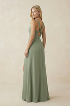 Square Neck Ruched Sheath Satin Bridesmaid Dress in Dove Gray - Curvevia