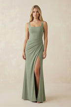 Square Neck Ruched Sheath Satin Bridesmaid Dress in Dove Gray - Curvevia