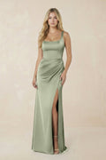 Sheath Square Neck Ruched Satin Bridesmaid Dress in Matcha - Curvevia