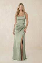 Sheath Square Neck Ruched Satin Bridesmaid Dress in Matcha - Curvevia