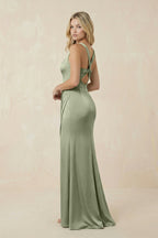 Sheath Square Neck Ruched Satin Bridesmaid Dress in Matcha - Curvevia
