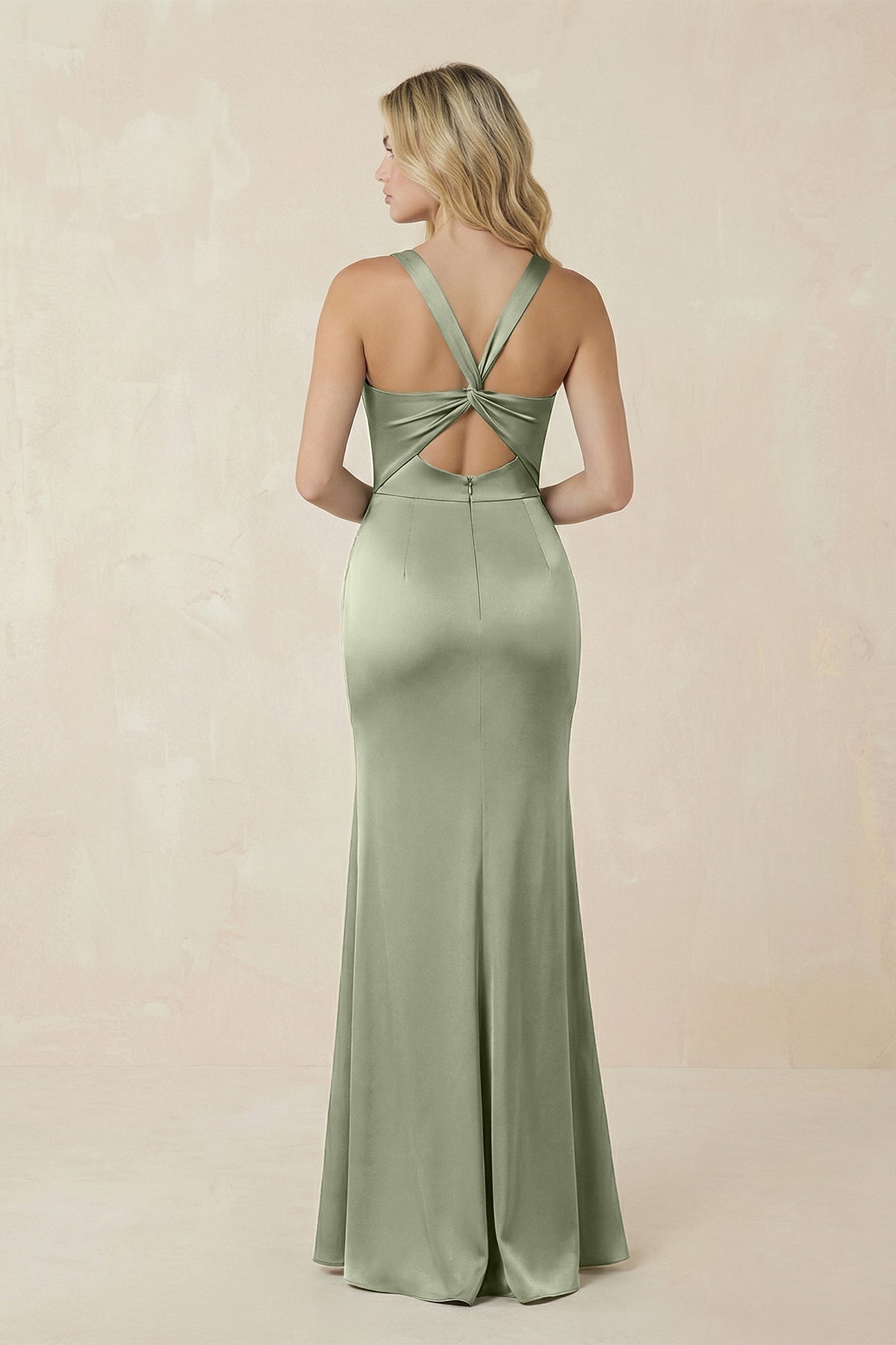Sheath Square Neck Ruched Satin Bridesmaid Dress in Matcha - Curvevia