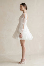 Square Neck Ruffled A-Line Long Sleeves Tulle Wedding Dress in White - Curvevia