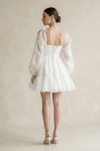 Square Neck Ruffled A-Line Long Sleeves Tulle Wedding Dress in White - Curvevia