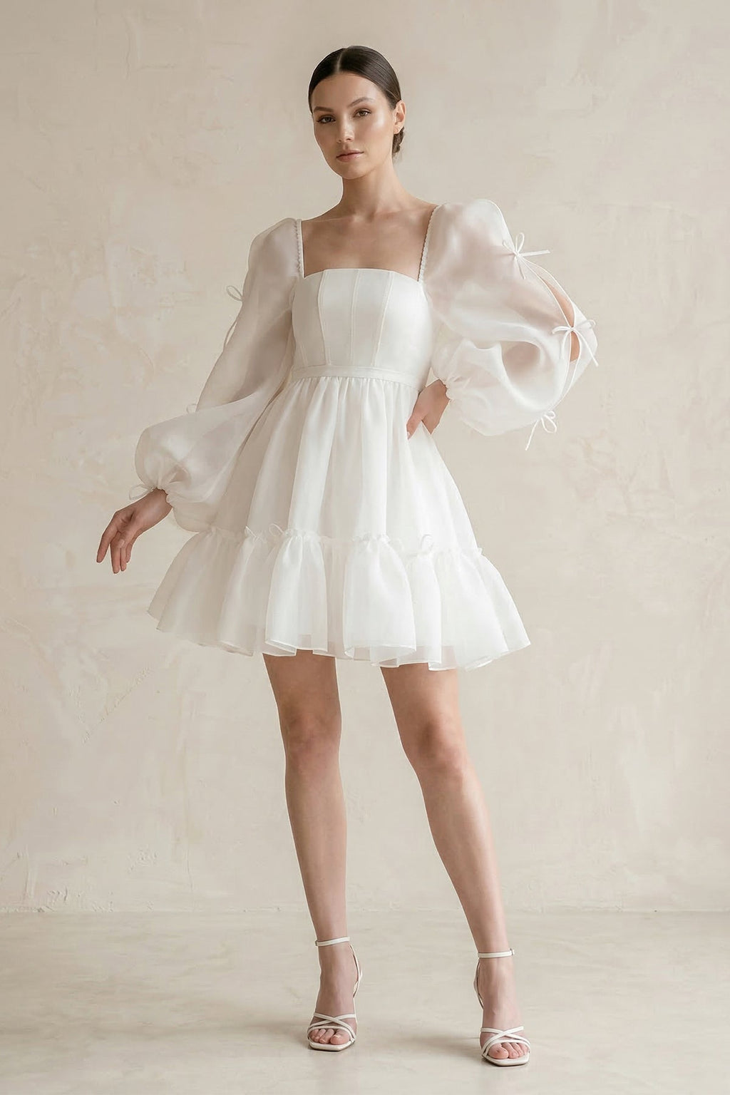 Square Neck Ruffled A-Line Long Sleeves Tulle Wedding Dress in White - Curvevia