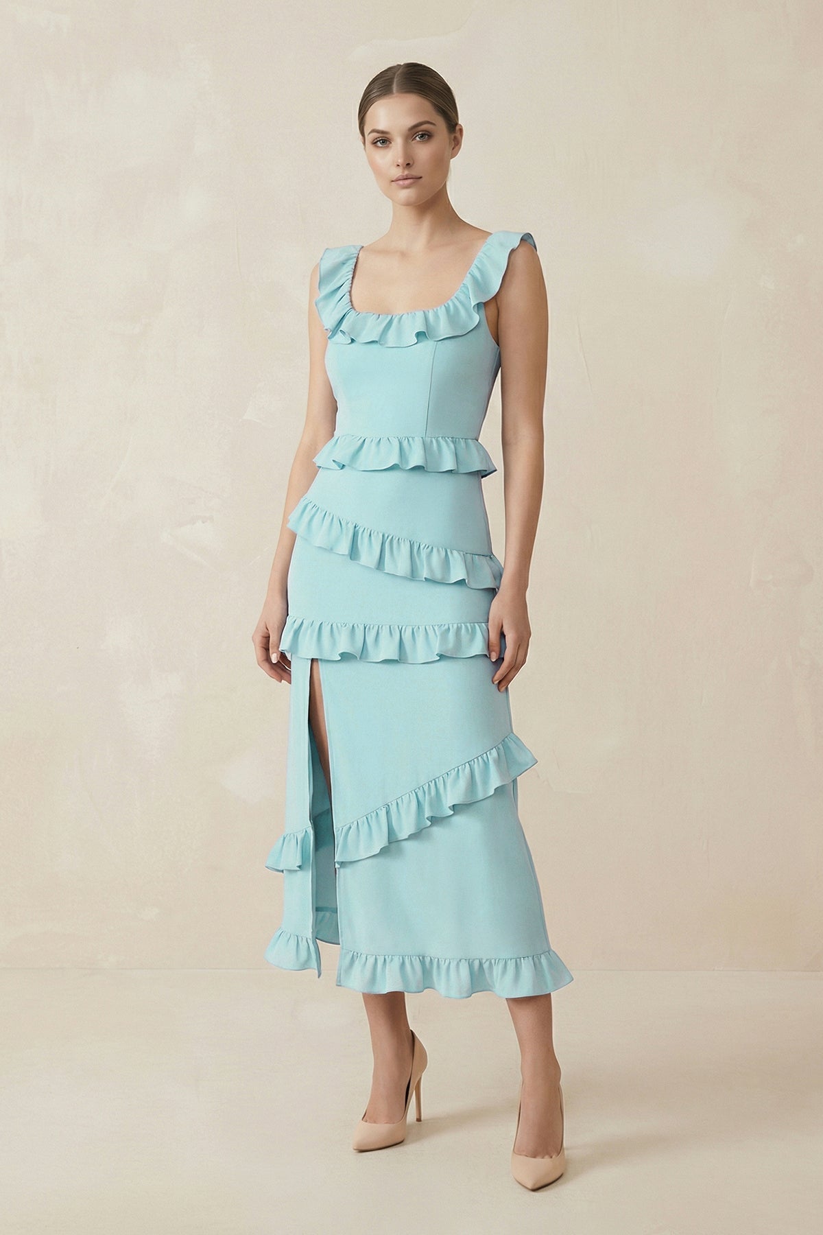 Square Neck Ruffled Sheath Satin Midi Bridesmaid Dress in Bleached Aqua - Curvevia