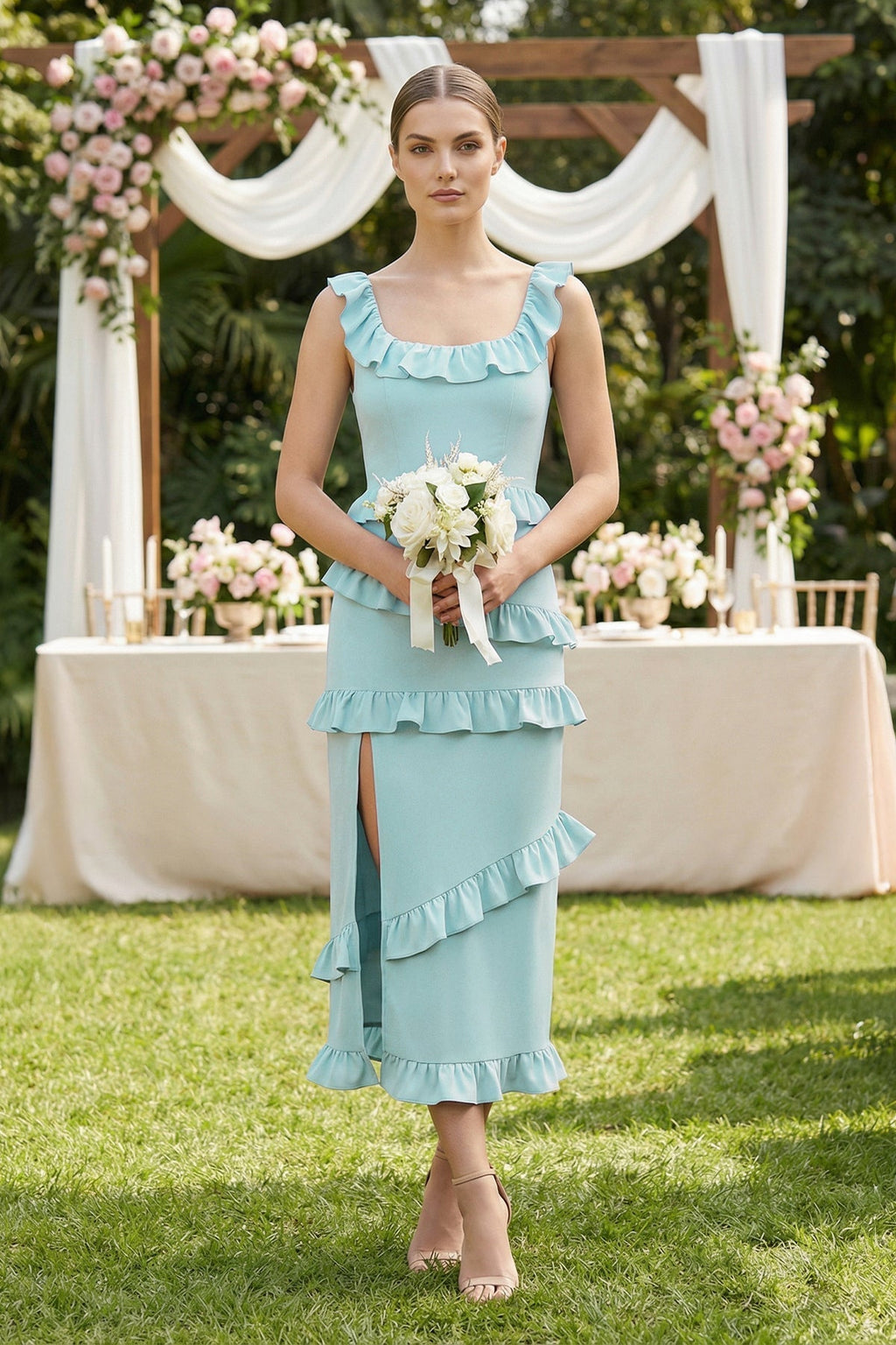 Square Neck Ruffled Sheath Satin Midi Bridesmaid Dress in Bleached Aqua - Curvevia