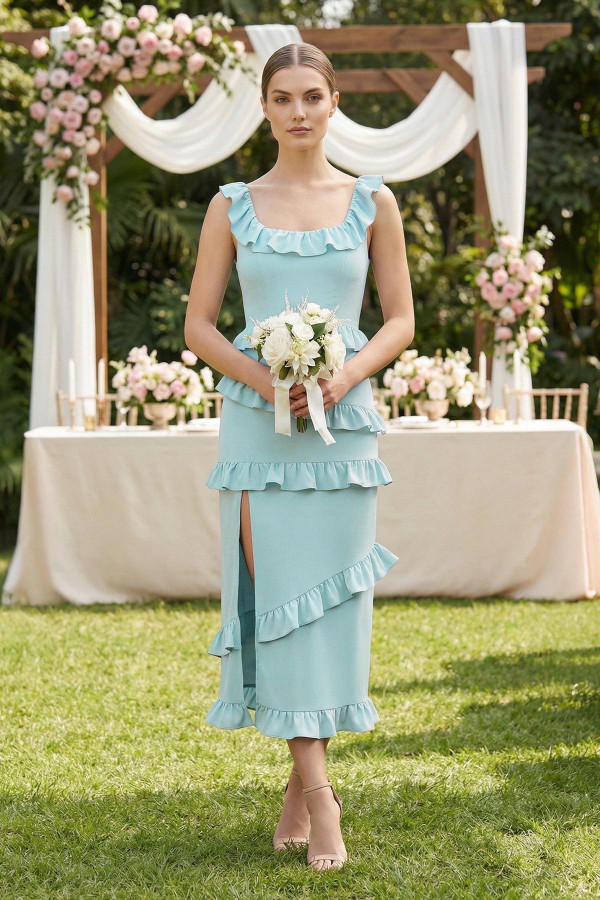 Square Neck Ruffled Sheath Satin Midi Bridesmaid Dress in Bleached Aqua - Curvevia