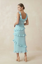 Square Neck Ruffled Sheath Satin Midi Bridesmaid Dress in Bleached Aqua - Curvevia