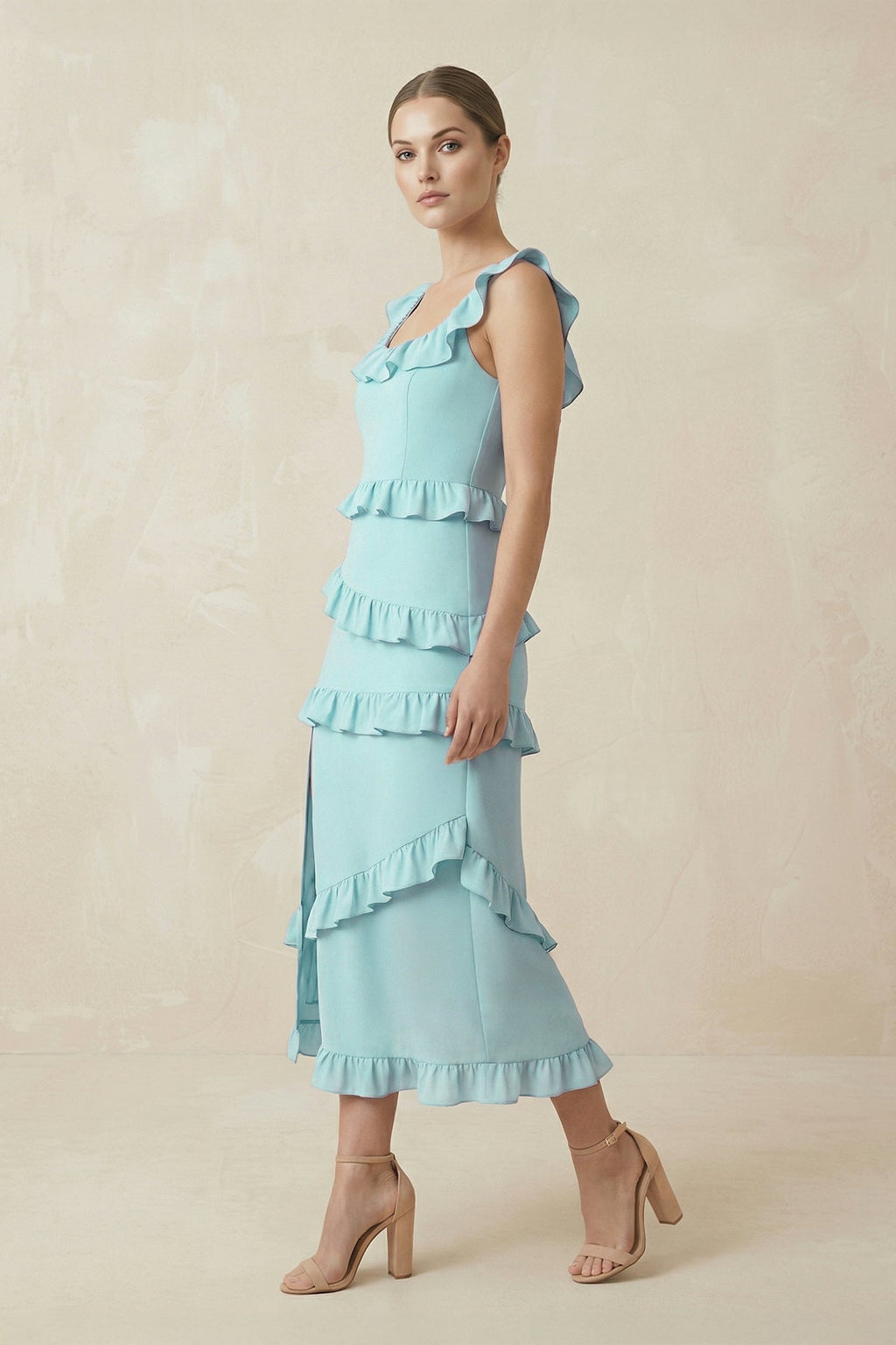 Square Neck Ruffled Sheath Satin Midi Bridesmaid Dress in Bleached Aqua - Curvevia