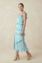 Square Neck Ruffled Sheath Satin Midi Bridesmaid Dress in Bleached Aqua - Curvevia