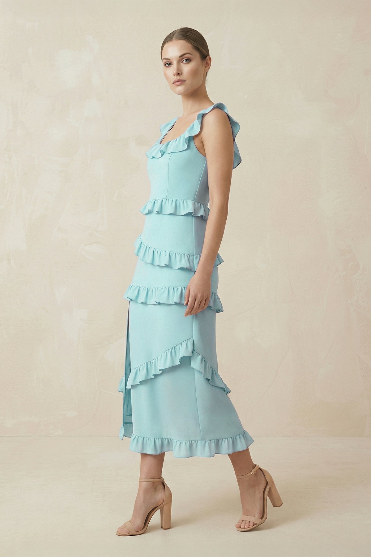Square Neck Ruffled Sheath Satin Midi Bridesmaid Dress in Bleached Aqua - Curvevia