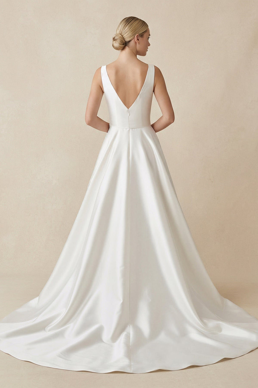 Square Neck Satin A-Line Ruched Wedding Dress in White - Curvevia