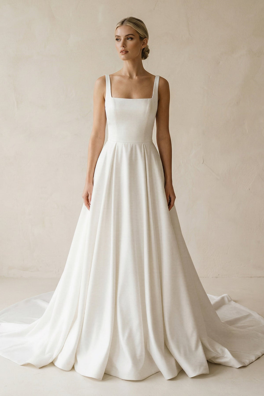 Square Neck Satin A-Line Ruched Wedding Dress in White - Curvevia